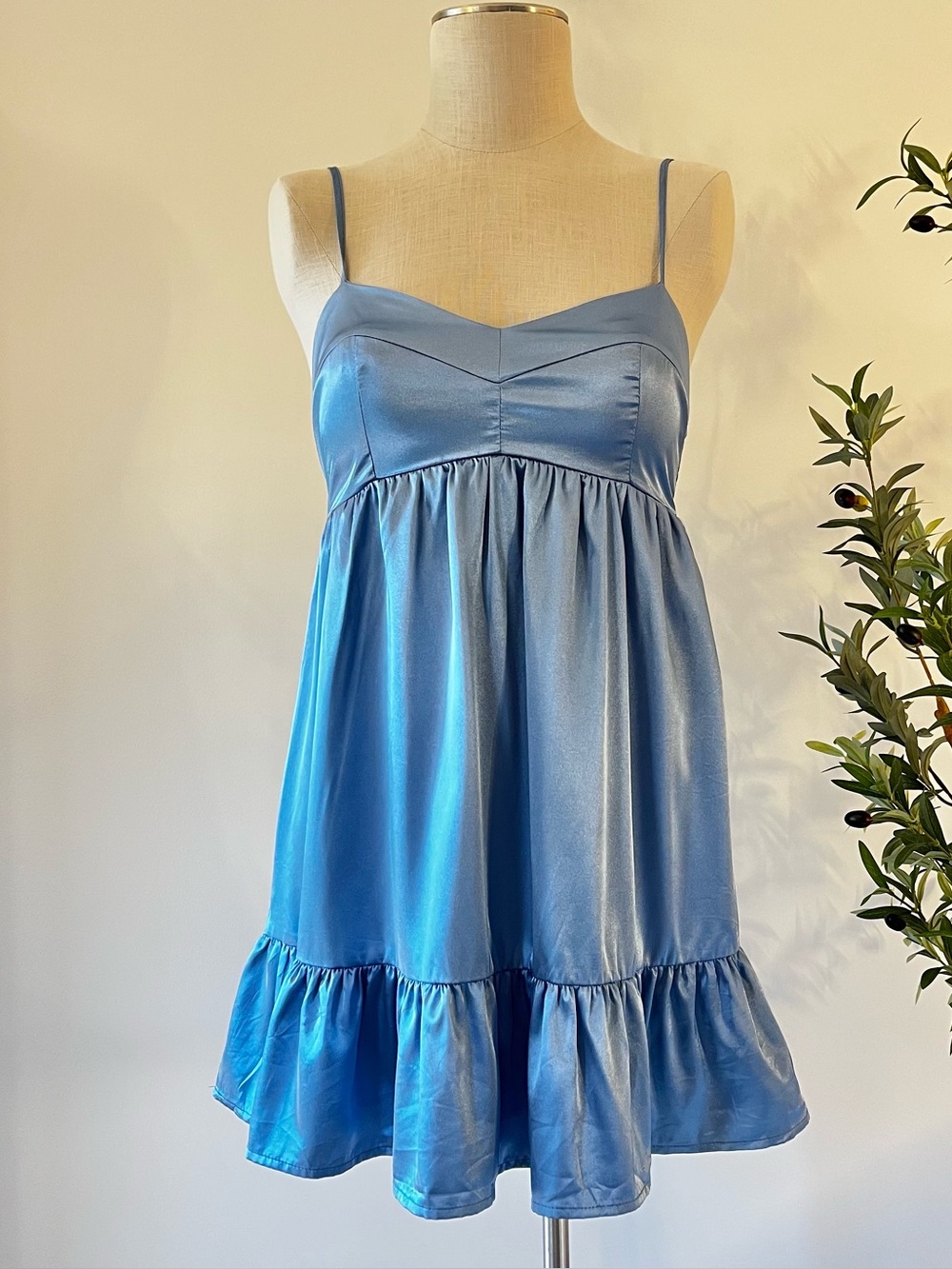 Women’s Satin Babydoll Empire Waist Slip Dress - Blue